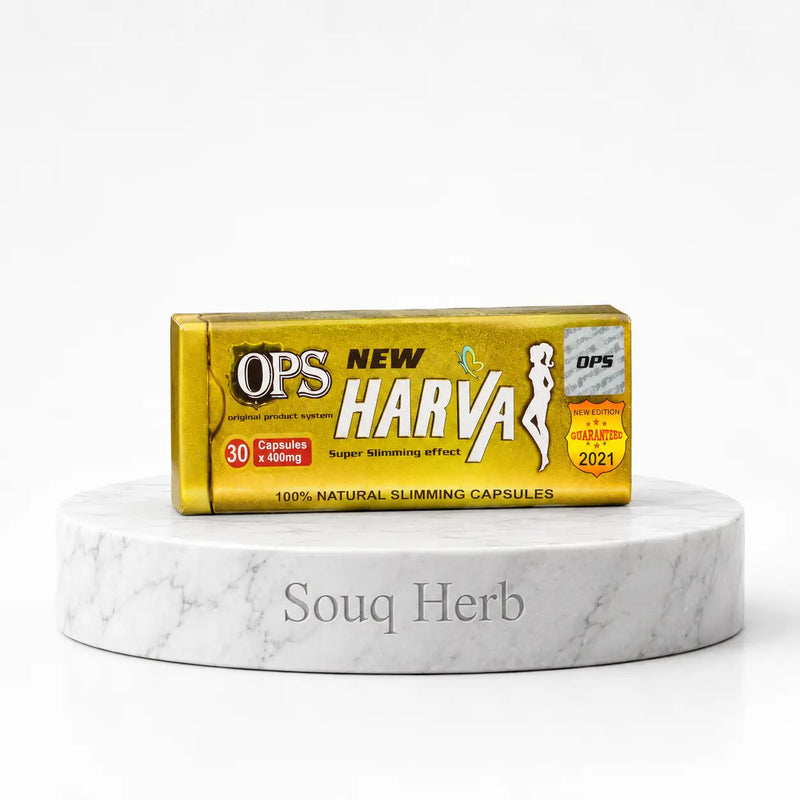 كبسولات نيو هارفا او بي اس للتخسيس في العلبة المعدن الذهبية من سوق هيرب مصر - New Harva OPS slimming capsules in the gold metal box from Souq Herb Egypt