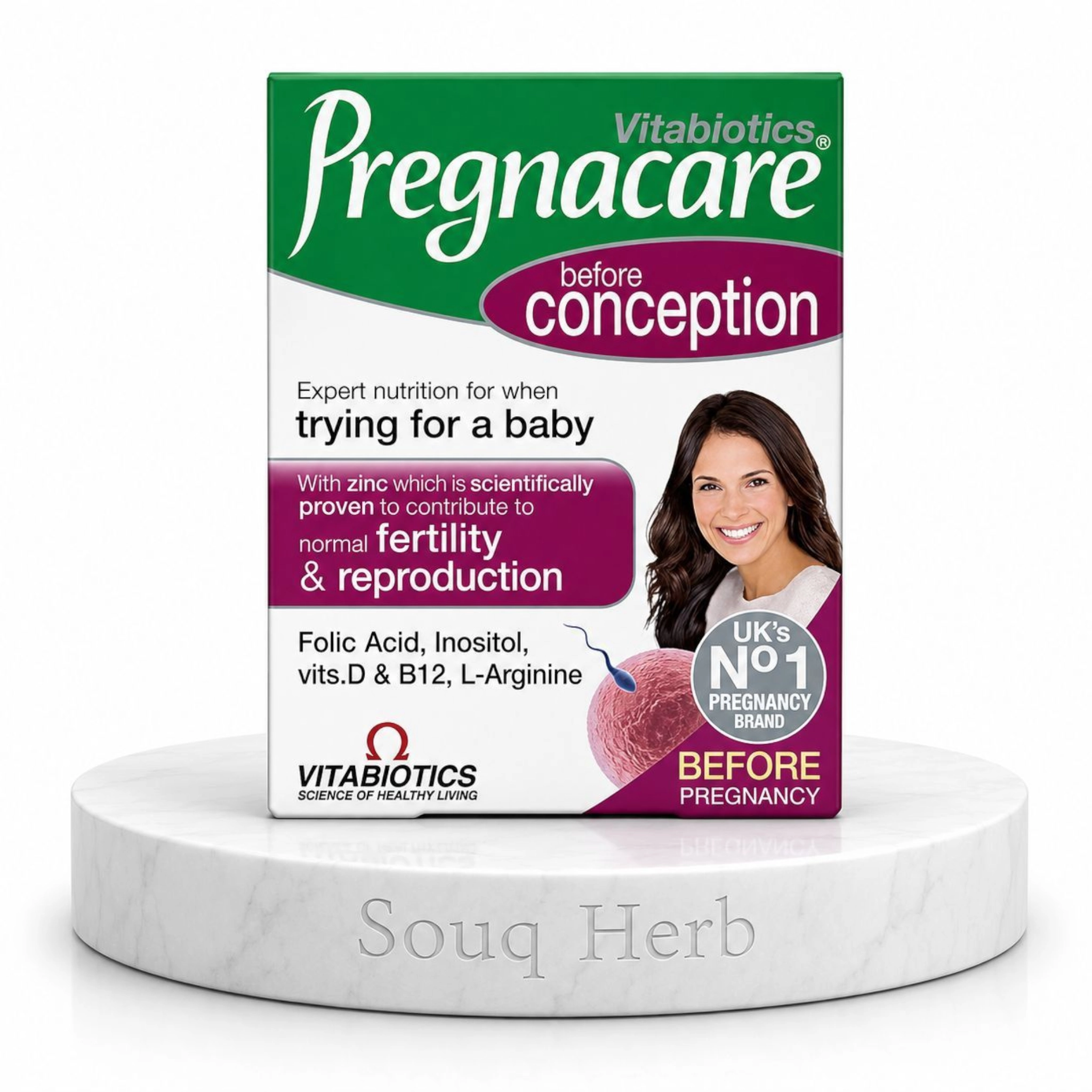 بريجناكير قبل الحمل مكمل لزيادة الخصوبة في سوق هيرب مصر - Vitabiotics Pregnacare before conception supplement at Souq Herb Egypt.